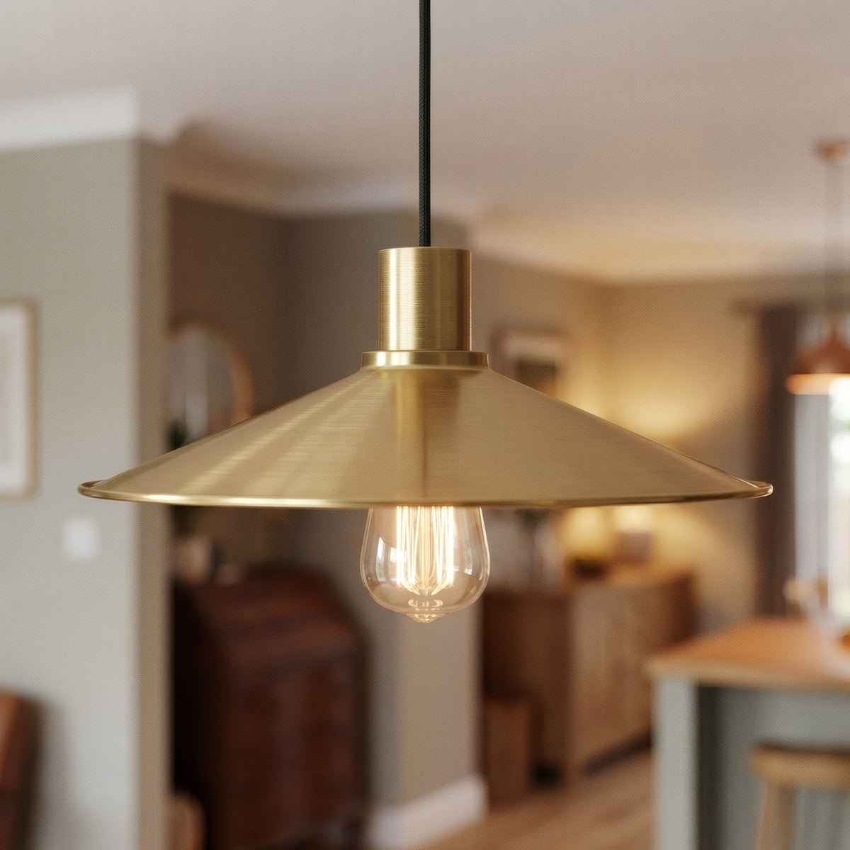 Platte geëmailleerde lampenkap Ø 30 cm voor E27-fitting — Wit en satijn brons
