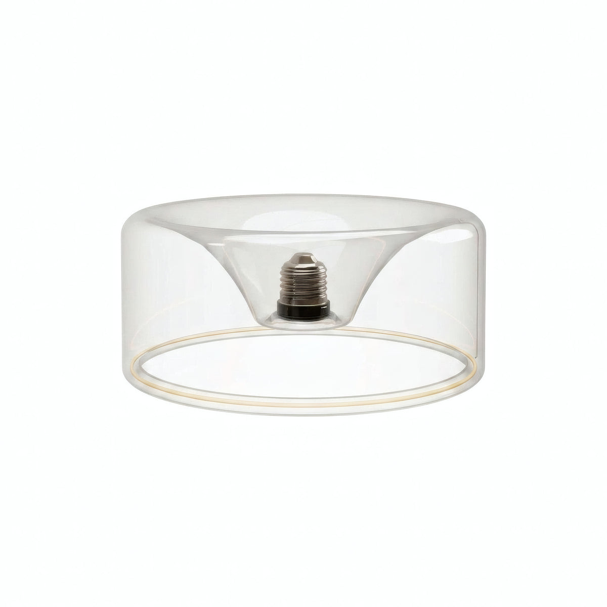 E27 led-donutlamp van helder glas, Ø 195 mm, uitgeschakeld, verzonken E27-fitting zichtbaar, witte achtergrond