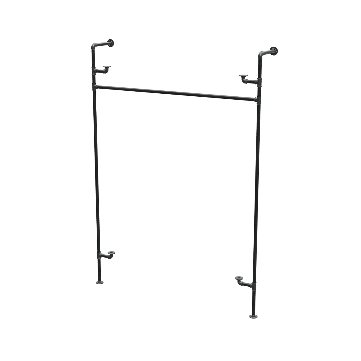 Étagère-penderie murale en tuyaux de plomberie noirs Ø 27 mm — largeur 150 cm, 2 tablettes, vue de trois quarts sur fond blanc