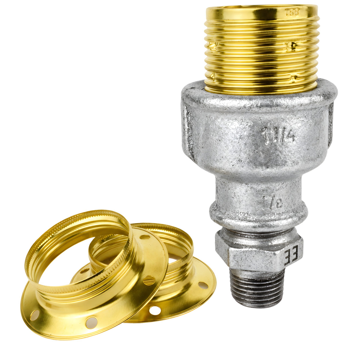 E27-lamphouderset van glanzend messingkleurig metaal op fitting 1/2'' (15x21mm) met buitendraad van gegalvaniseerd gietijzer