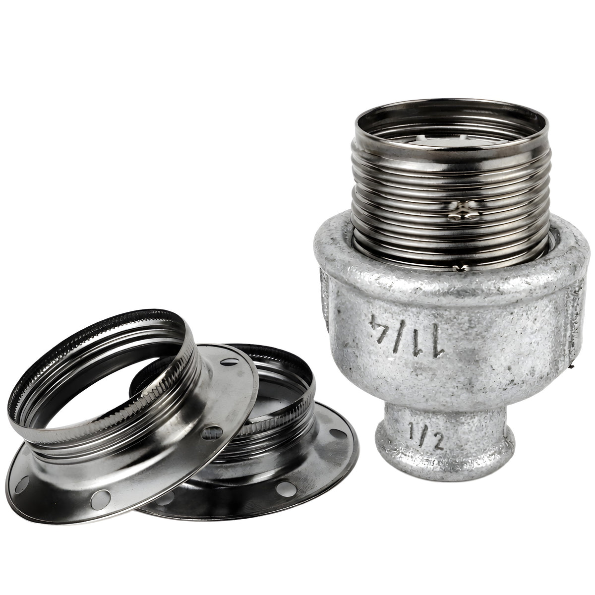 E27-lamphouderset van glanzend zwart metaal op fitting 1/2'' (15x21mm) met binnendraad van gegalvaniseerd gietijzer