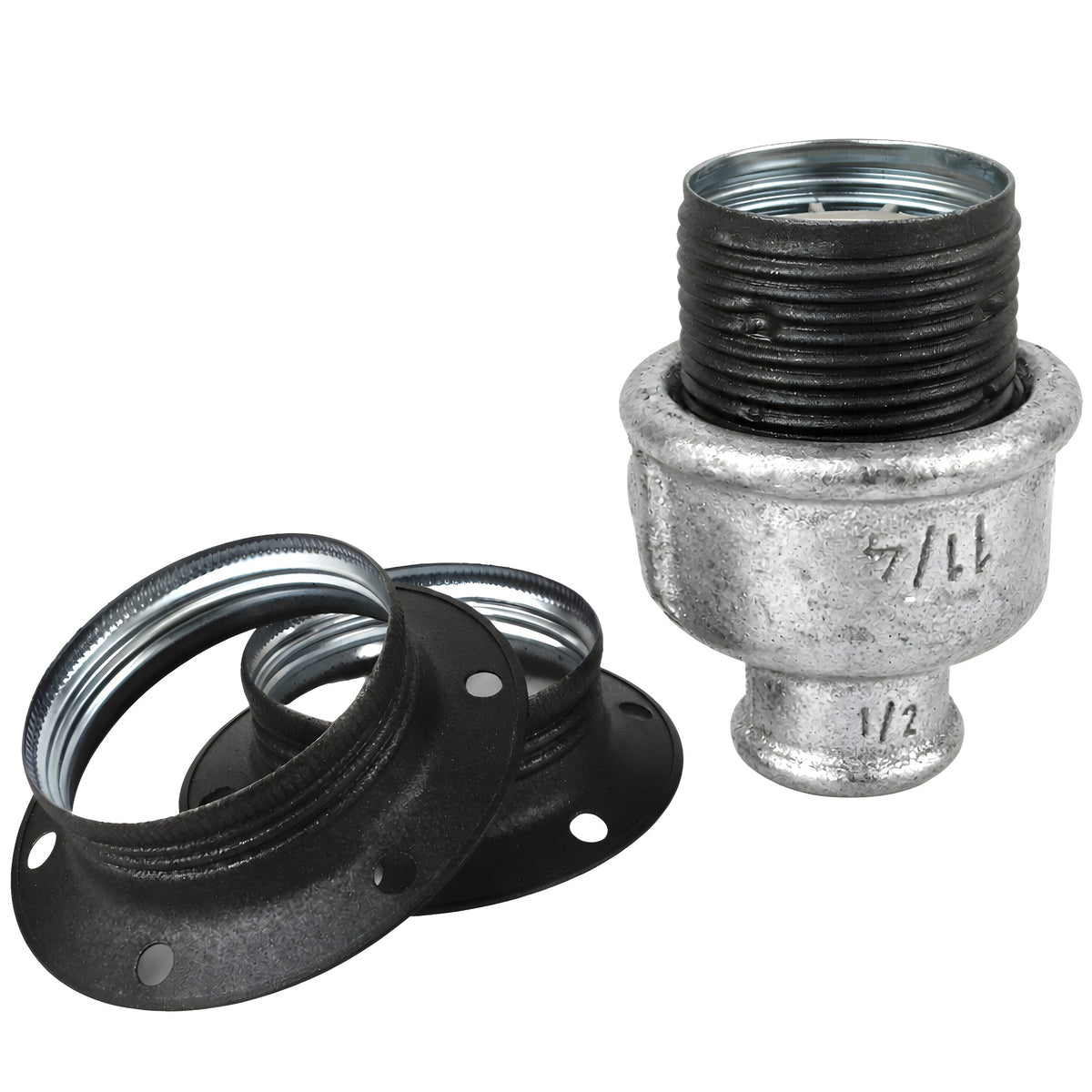 E27-lamphouderset van mat grijs metaal op fitting 1/2'' (15x21mm) met binnendraad van gegalvaniseerd gietijzer