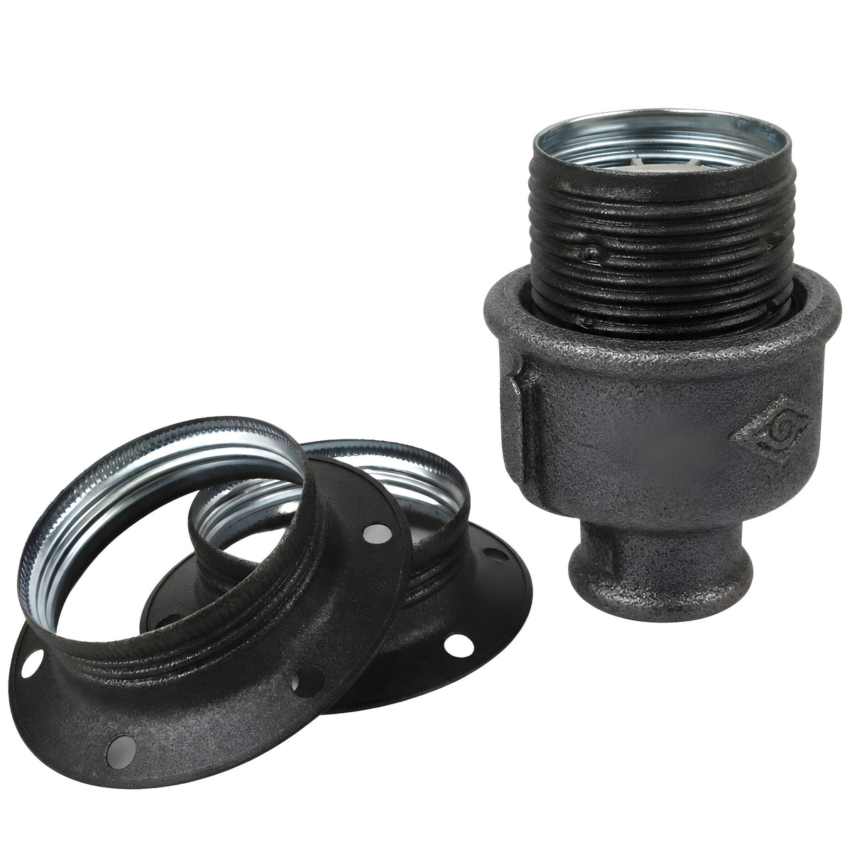 E27-lamphouderset van mat grijs metaal op fitting 1/2'' (15x21mm) met binnendraad van voordelig zwart gietijzer