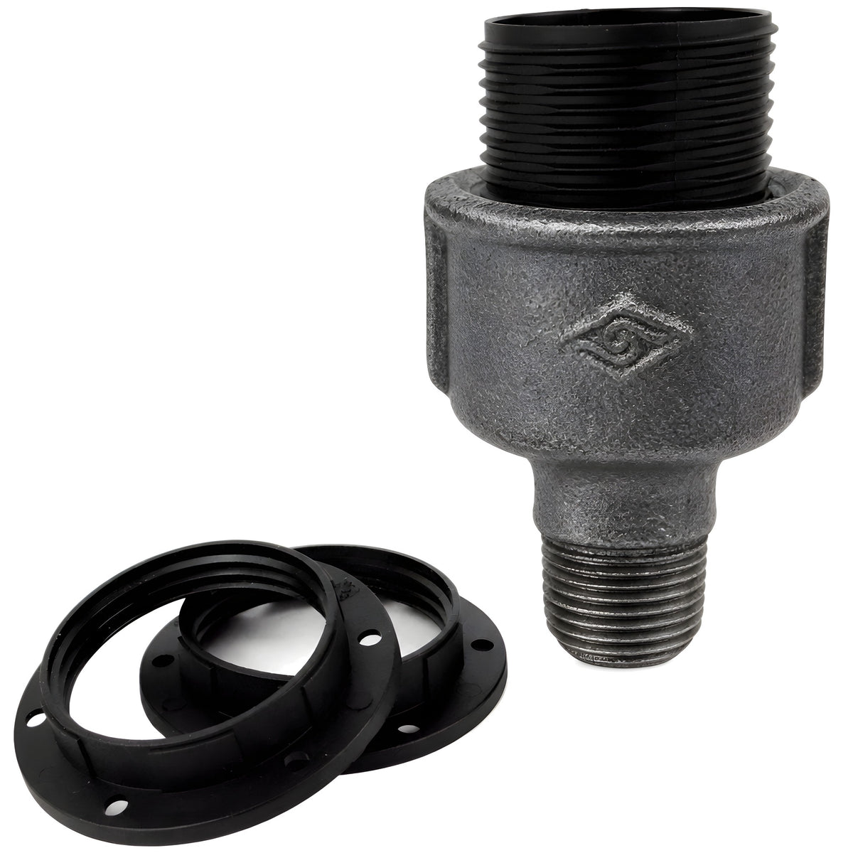 E27-lamphouderset van thermoplast op fitting 1/2'' (15x21mm) met buitendraad van voordelig zwart gietijzer