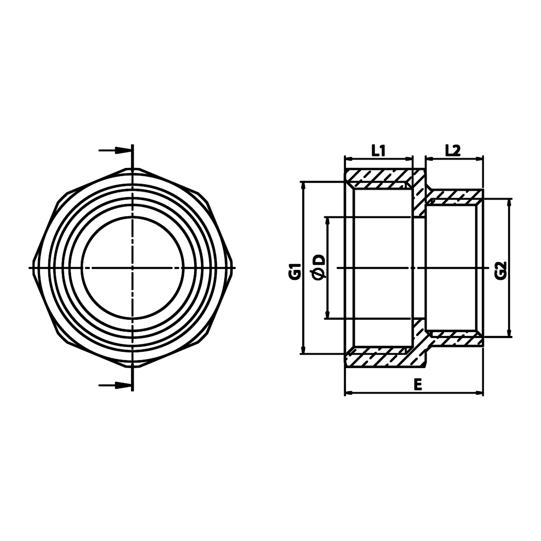 Technische maattekening: messing verloopmof BI/BI (ref. 1240)