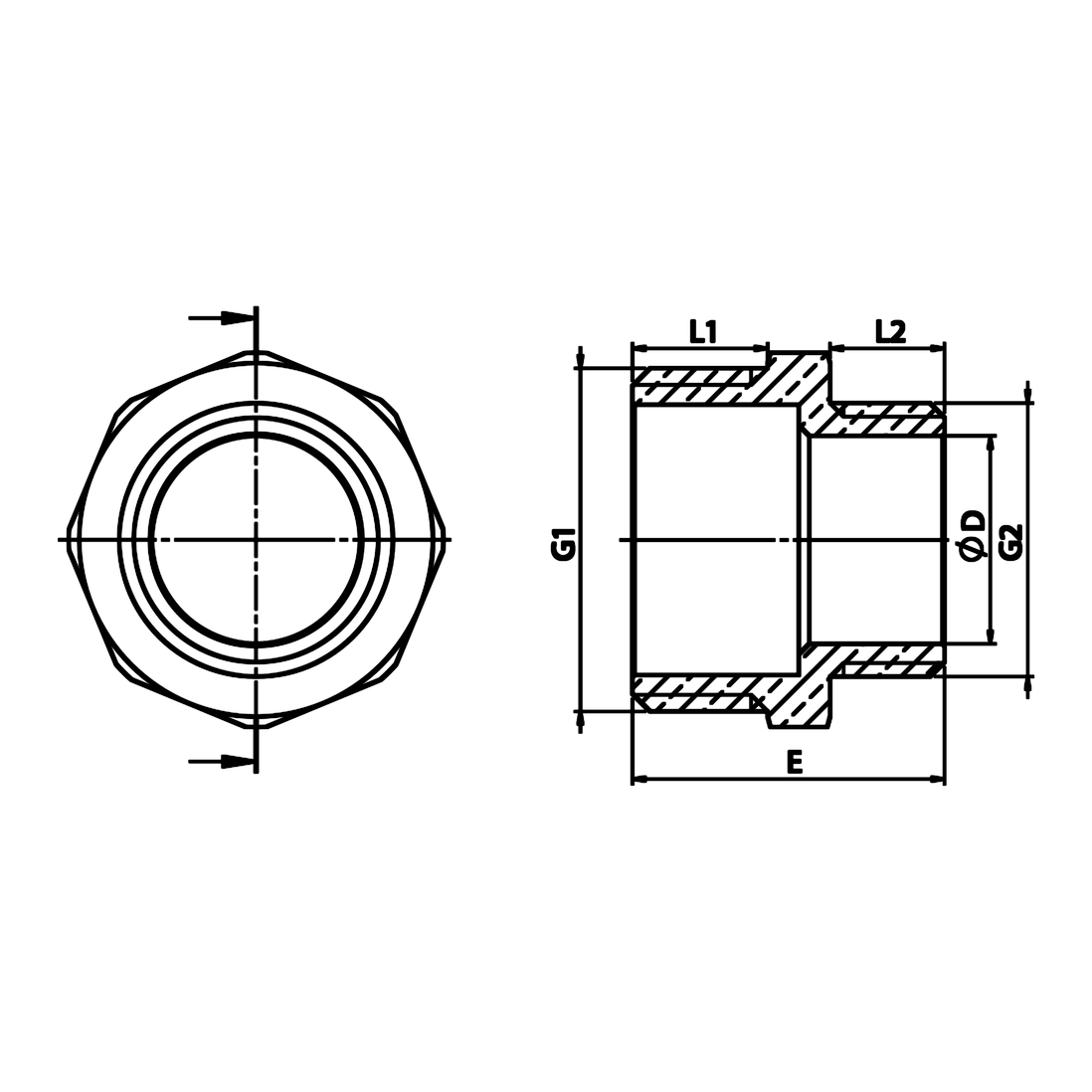 Technische maattekening: messing verloopnippel BU/BU (ref. 1245)