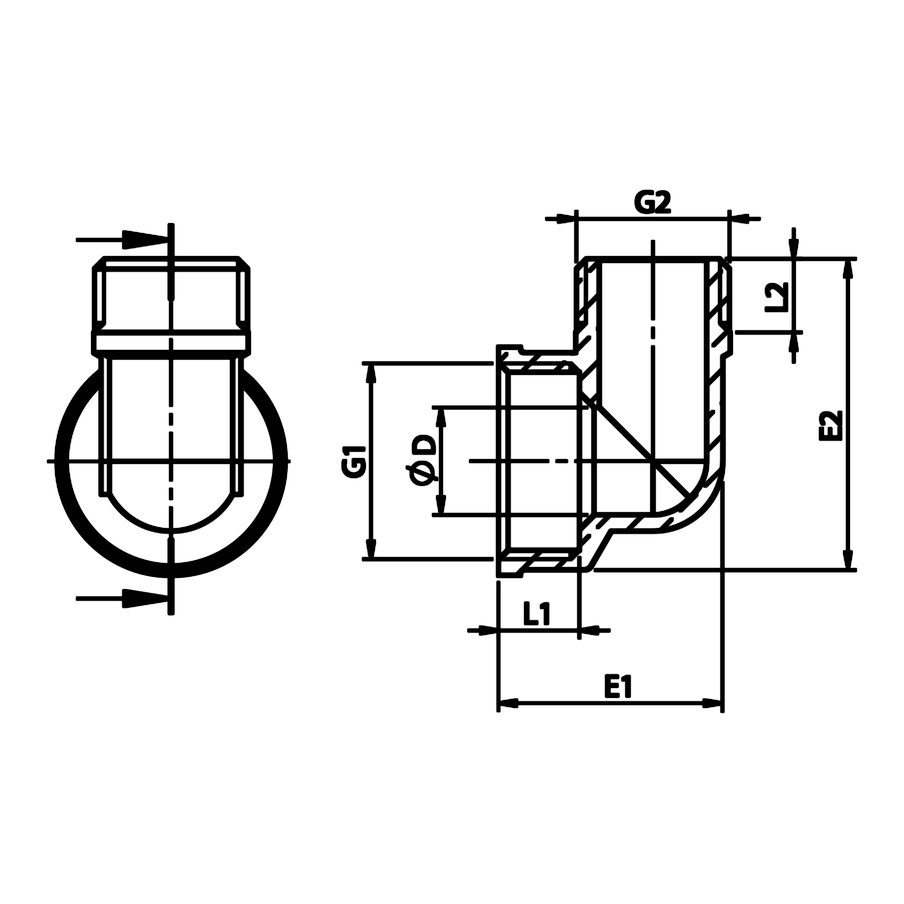 Technische maattekening: messing verloopbocht BI/BU (ref. 2093)