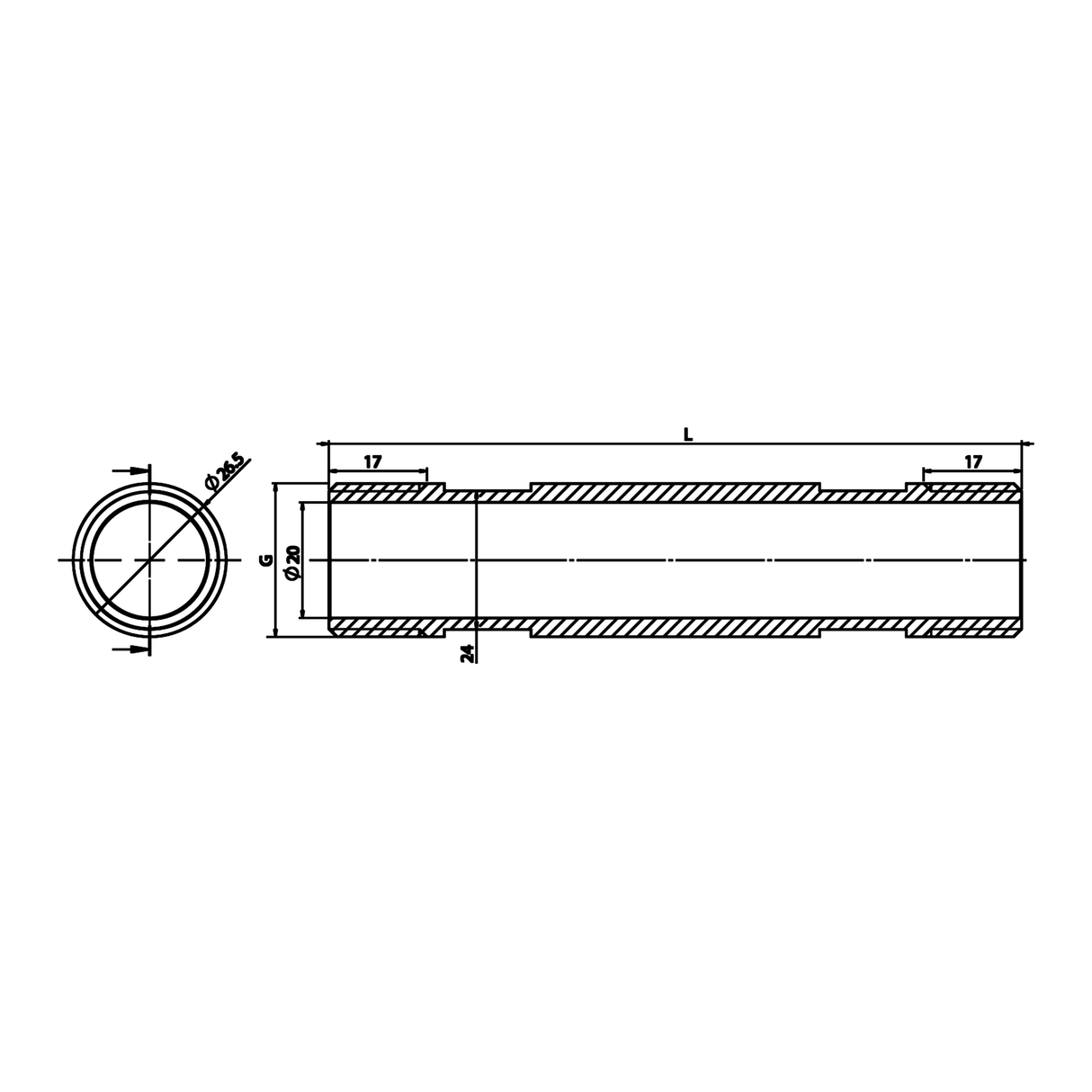 Technische maattekening: messing aansluitbuis BU/BU voor watermeter (ref. 2311)