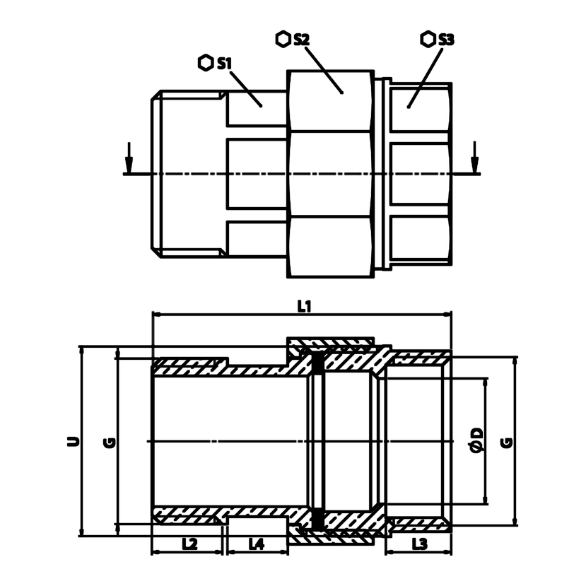 Technische maattekening: messing koppeling BU/BI met vlakke zitting, EPDM-pakking (ref. 2331)
