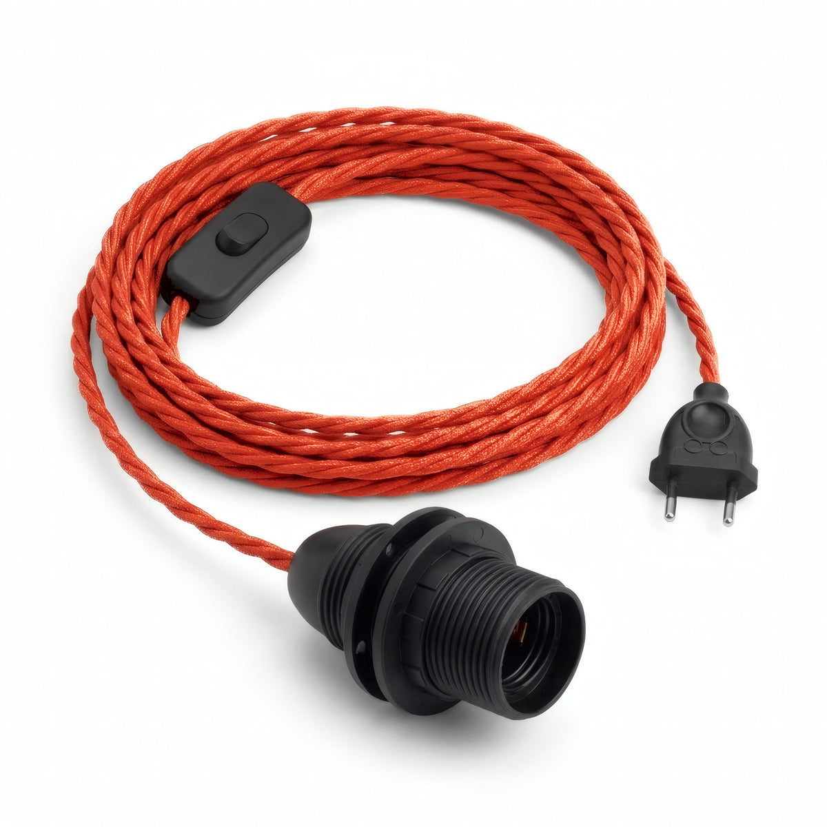 Gedraaid strijkijzersnoer met stekker, zijde-effect vuurrood, fitting E14 met ringen voor lampenkap