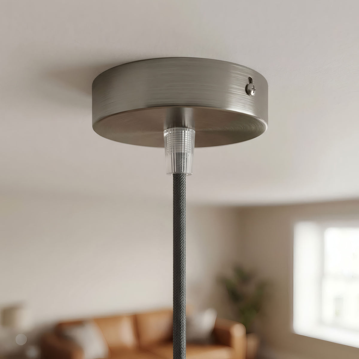 Cilindrische mini-plafondkap van metaal, Ø 83 mm — 1 centrale opening / Conisch thermoplast / Satijn titanium