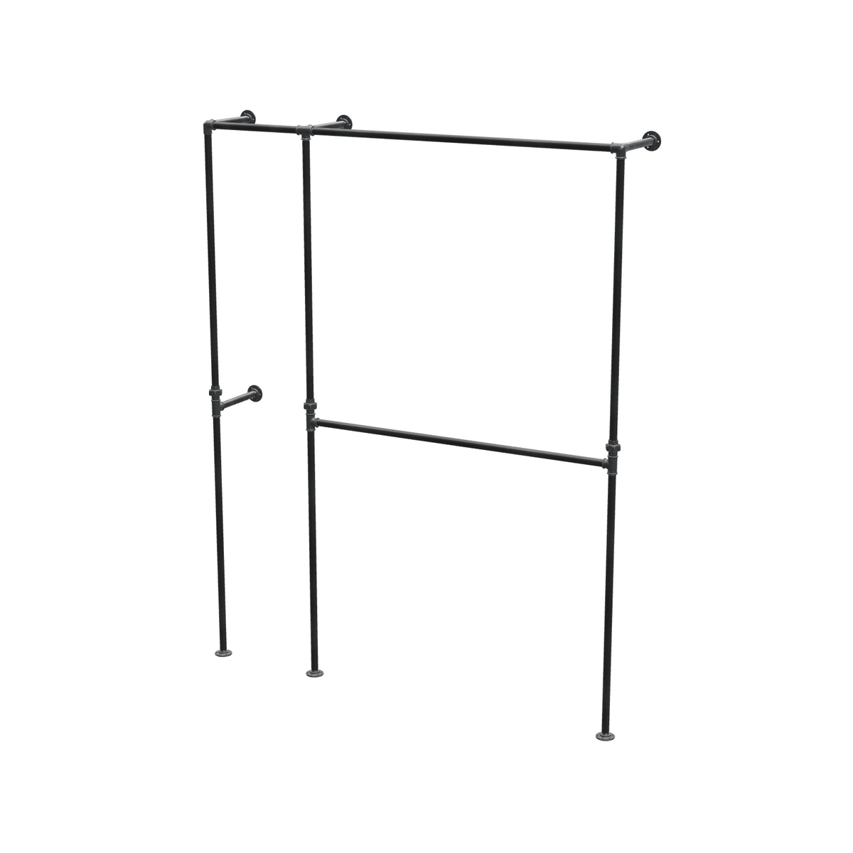 Penderie ouverte à deux baies en tuyaux de plomberie noirs Ø 27 mm — baies de 40 + 120 cm, vue de trois quarts sur fond blanc