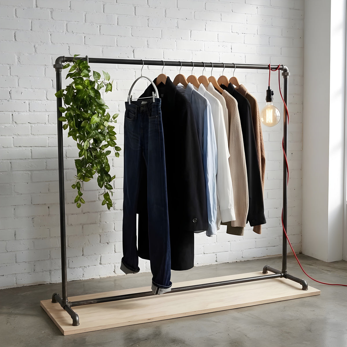 Industrieel kledingrek van zwarte loodgietersbuizen in een winkel met witte bakstenen muur, met hangplant en gloeilamp