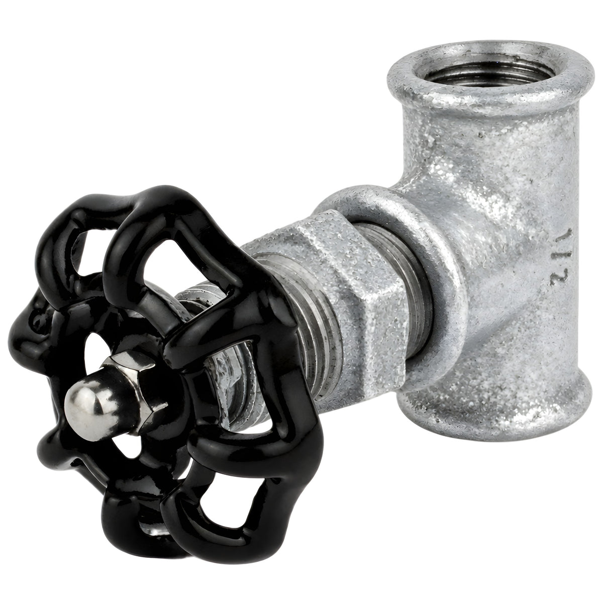 Fitting 1/2'' in afsluiterstijl van gegalvaniseerd gietijzer met zwart handwiel 52 mm, roestvrijstalen moer