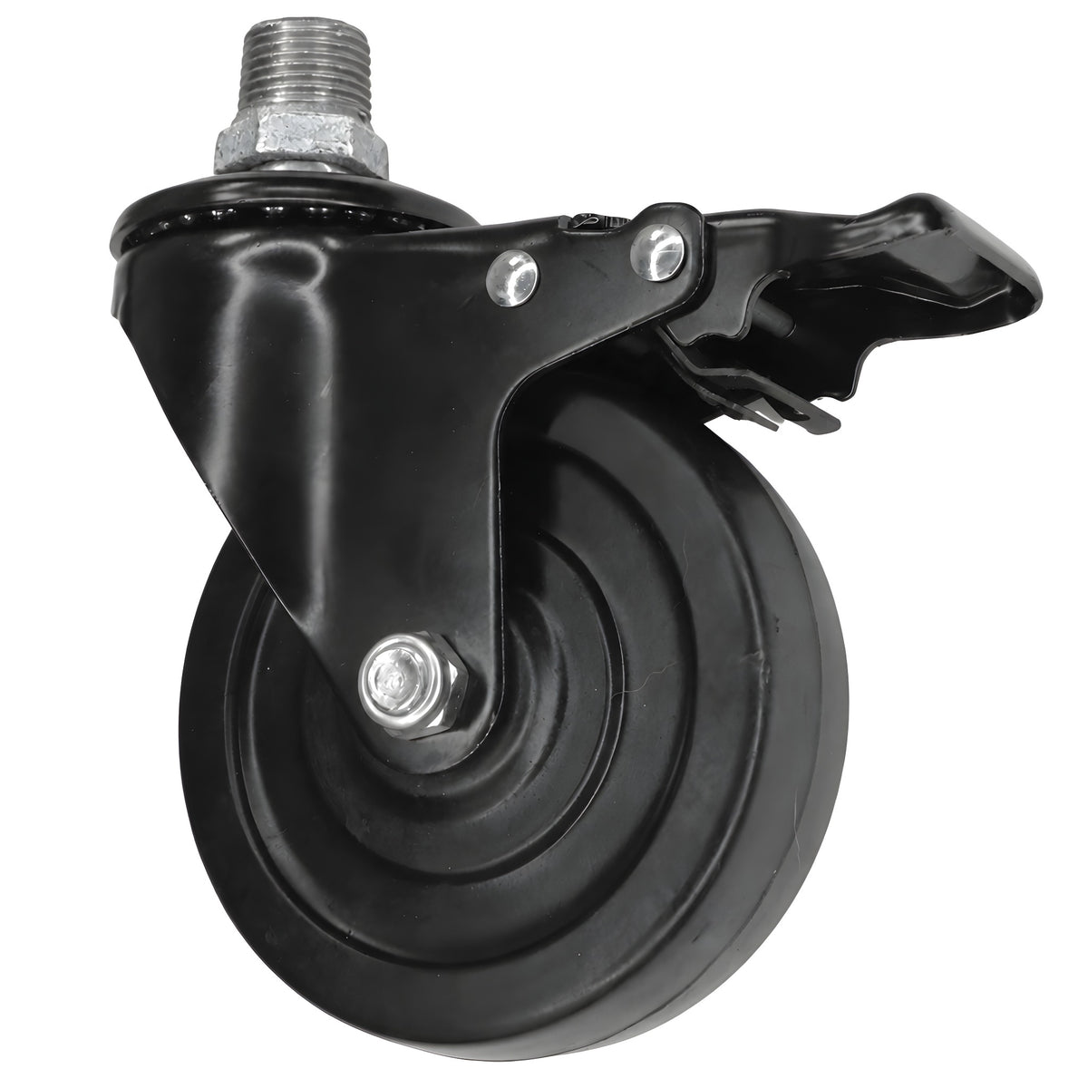 Zwart industrieel zwenkwiel met rem en rubberen wiel van 100 mm, buitendraad, fitting van gegalvaniseerd gietijzer