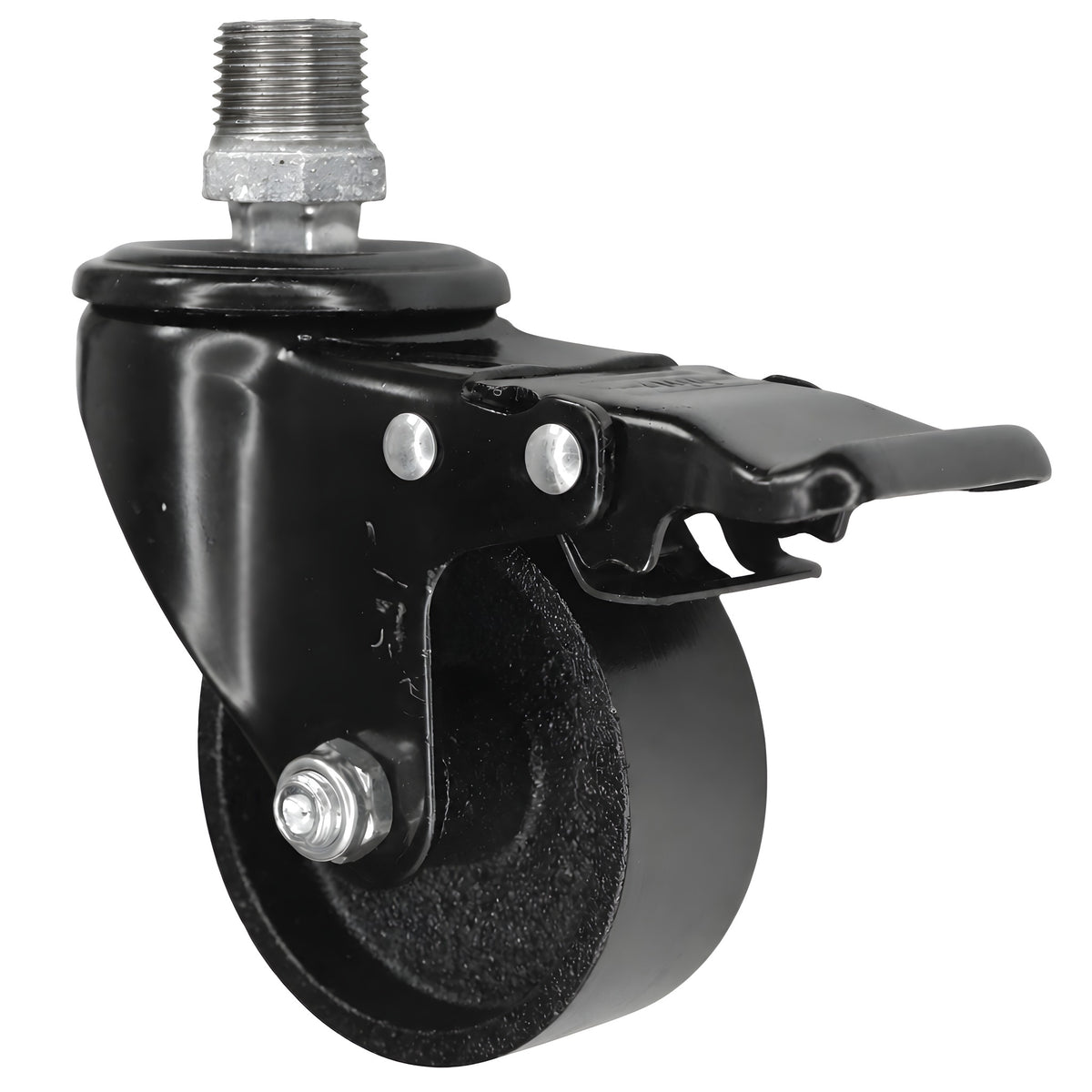 Zwart industrieel zwenkwiel met rem en gietijzeren wiel van 75 mm, 1/2'' (15x21mm) buitendraad, fitting van gegalvaniseerd gietijzer