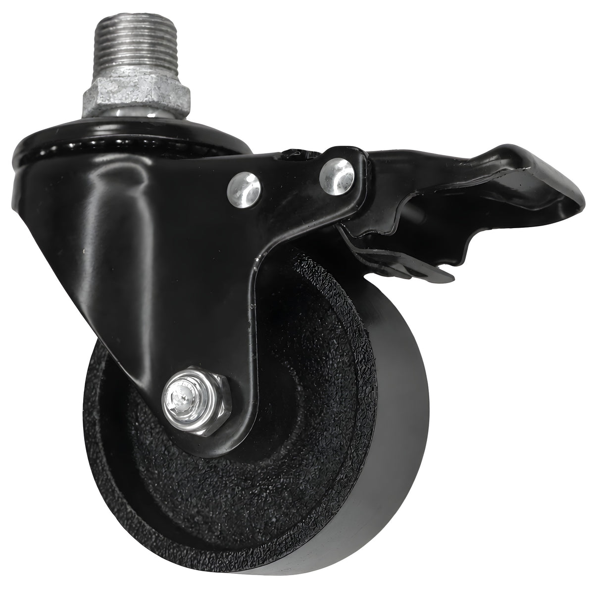 Zwart industrieel zwenkwiel met rem en gietijzeren wiel van 75 mm, buitendraad, fitting van gegalvaniseerd gietijzer