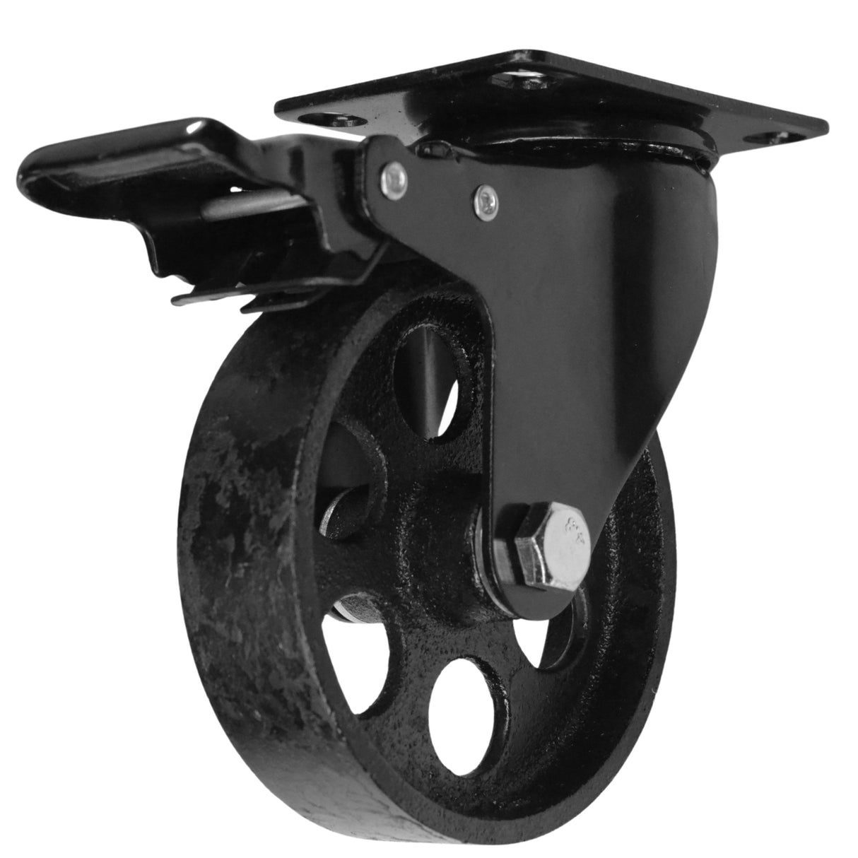 Zwarte gietijzeren zwenkwiel voor industrieel meubel, diameter 100 mm