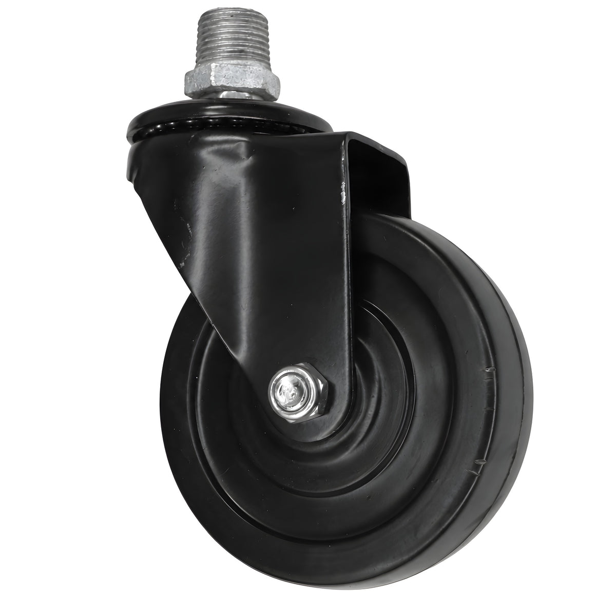 Zwart industrieel zwenkwiel met rubberen wiel van 100 mm, buitendraad, fitting van gegalvaniseerd gietijzer
