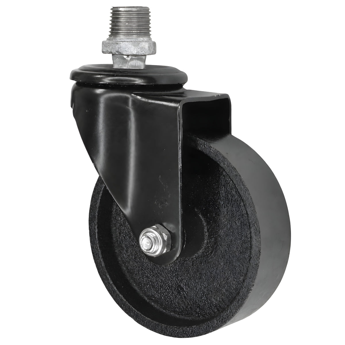 Zwart industrieel zwenkwiel met gietijzeren wiel van 100 mm, 1/2'' (15x21mm) buitendraad, fitting van gegalvaniseerd gietijzer