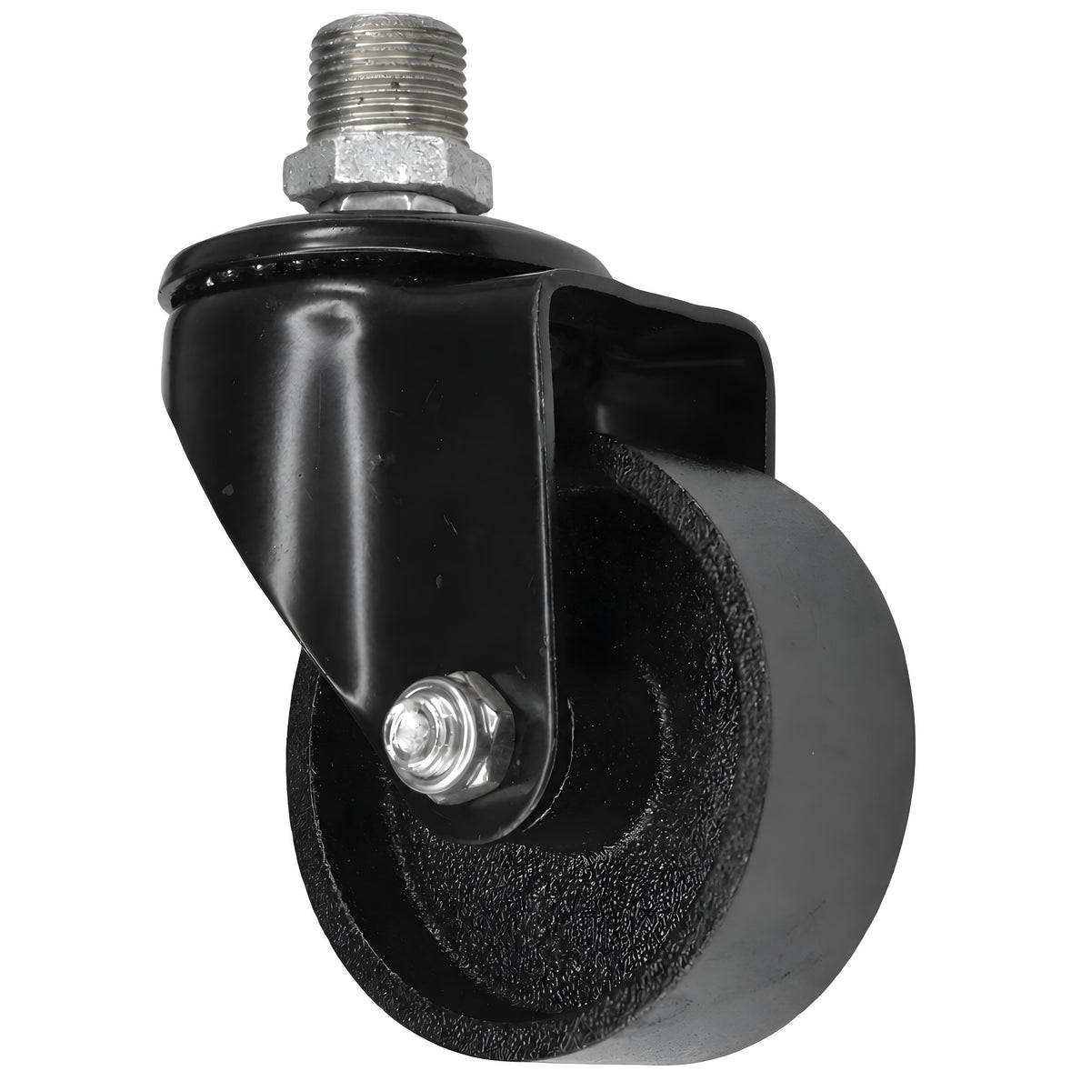 Zwart industrieel zwenkwiel met gietijzeren wiel van 75 mm, buitendraad, fitting van gegalvaniseerd gietijzer