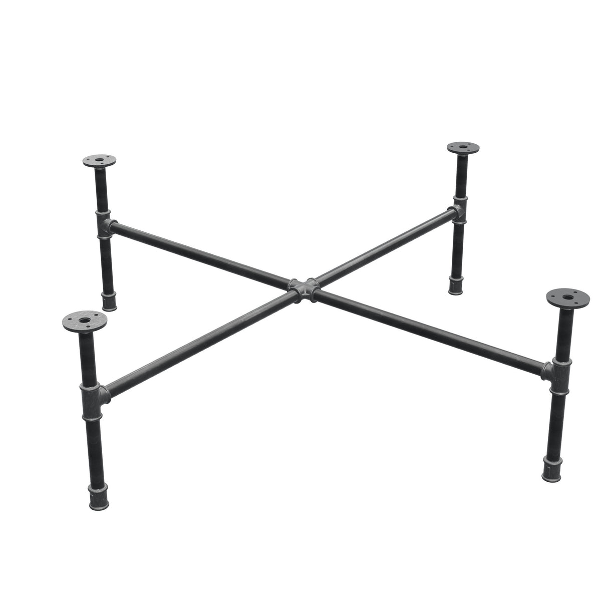 Industrieel gietijzeren salontafelonderstel, kruispoten, 108 × 108 cm, hoogte 32 cm, driekwartaanzicht
