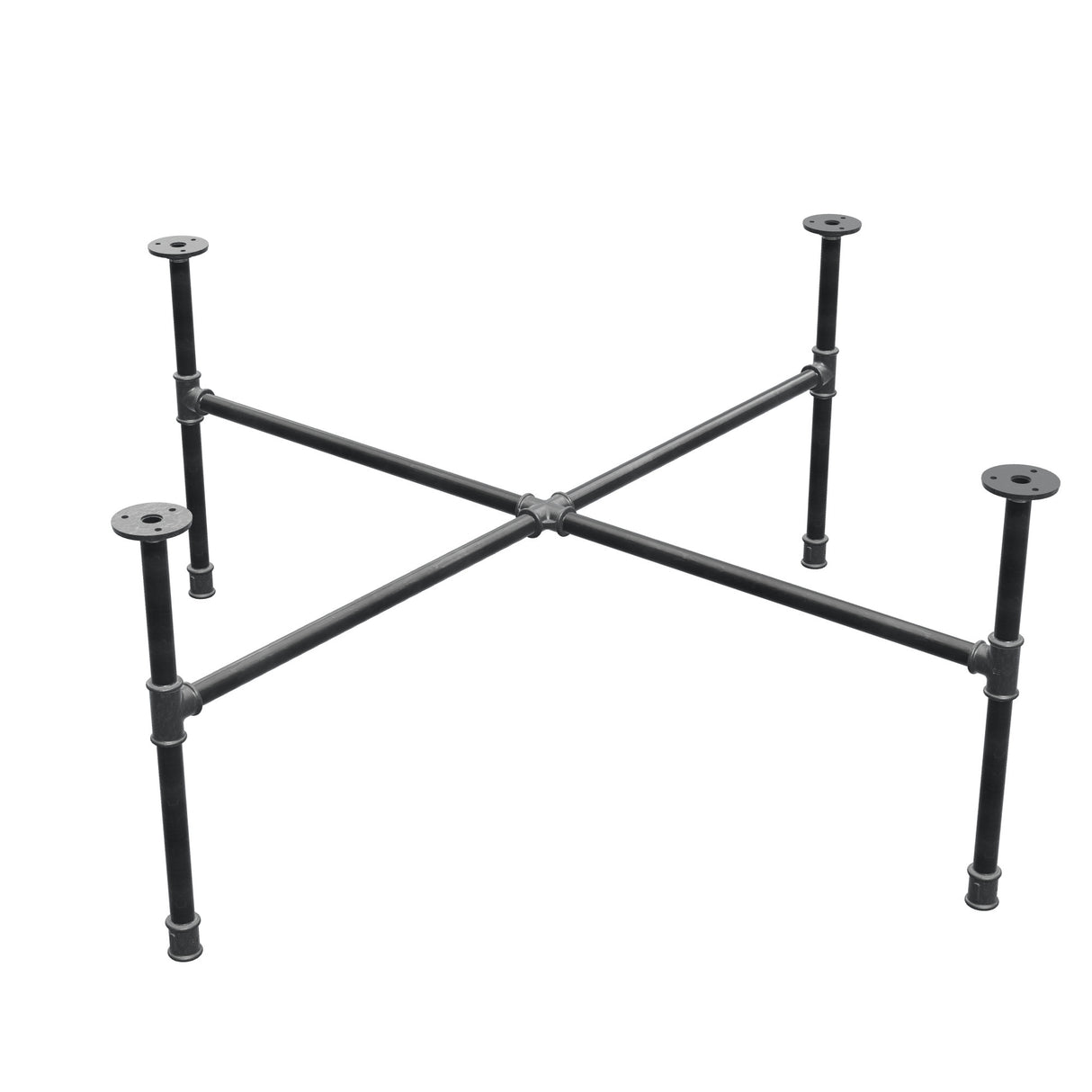 Industrieel gietijzeren salontafelonderstel, kruispoten, 108 × 108 cm, hoogte 42 cm, driekwartaanzicht