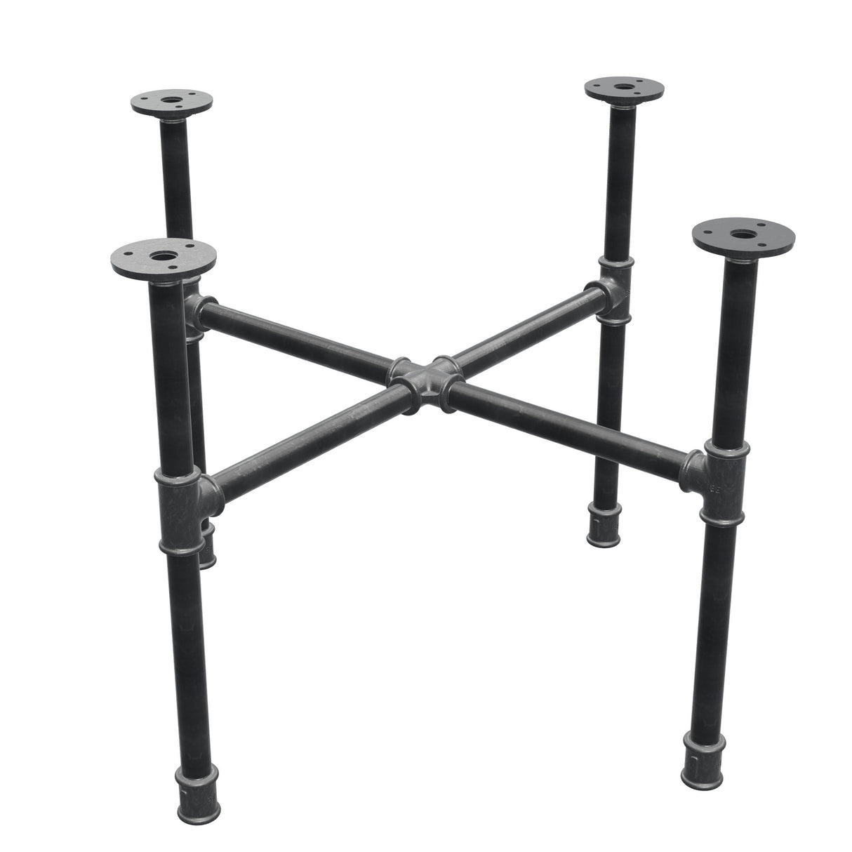 Industrieel gietijzeren salontafelonderstel, kruispoten, 58 × 58 cm, hoogte 42 cm, driekwartaanzicht