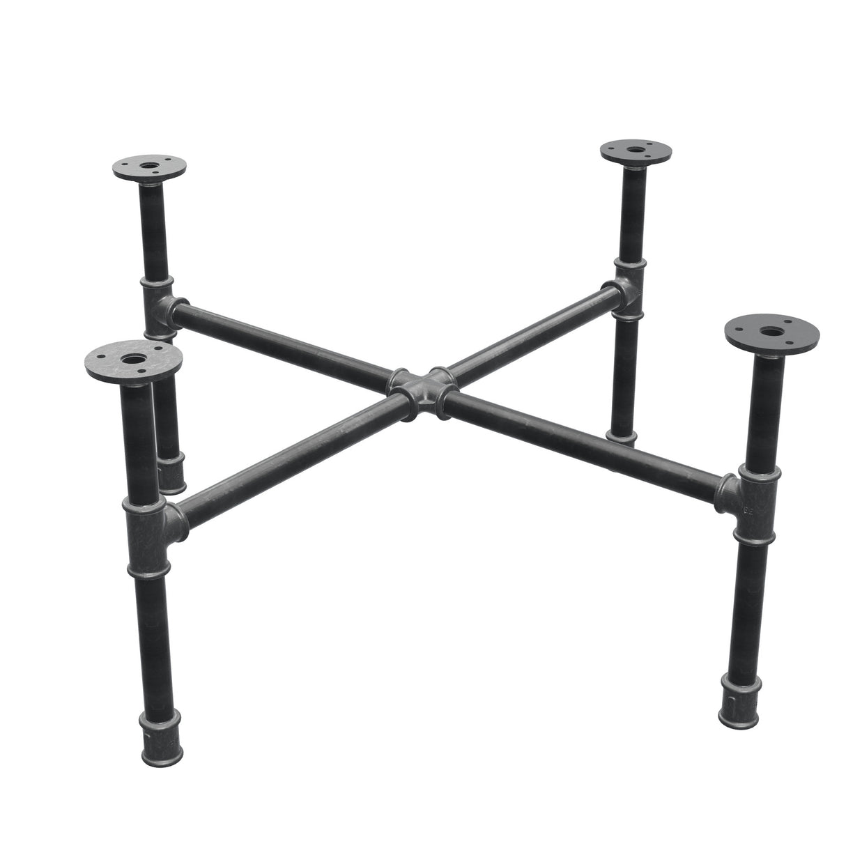 Industrieel gietijzeren salontafelonderstel, kruispoten, 68 × 68 cm, hoogte 32 cm, driekwartaanzicht