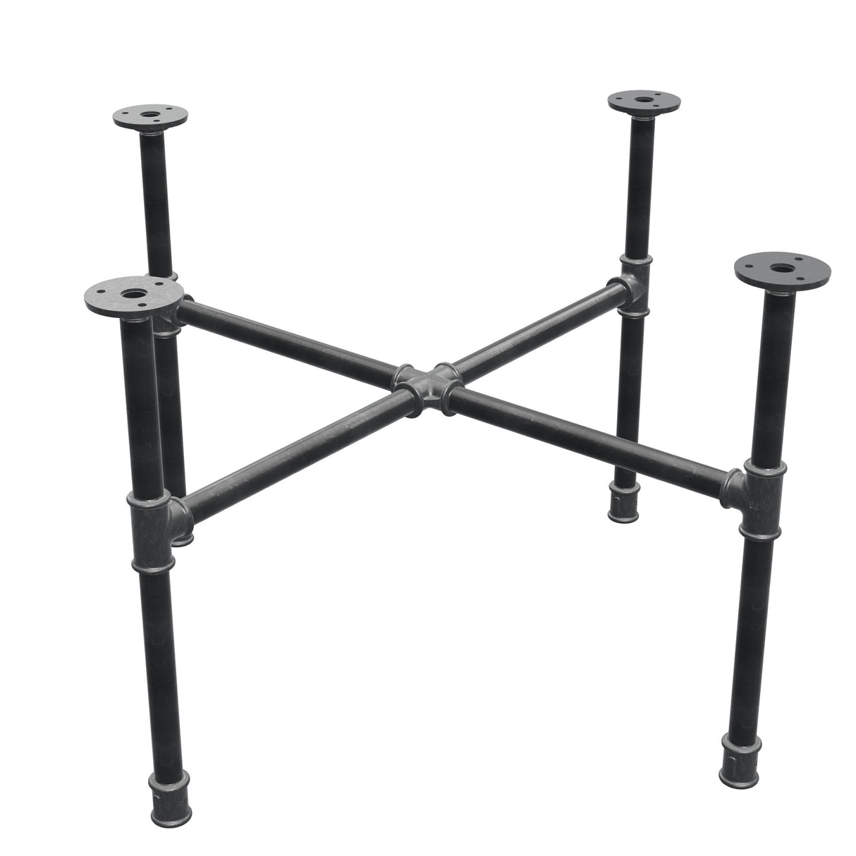 Industrieel gietijzeren salontafelonderstel, kruispoten, 68 × 68 cm, hoogte 42 cm, driekwartaanzicht