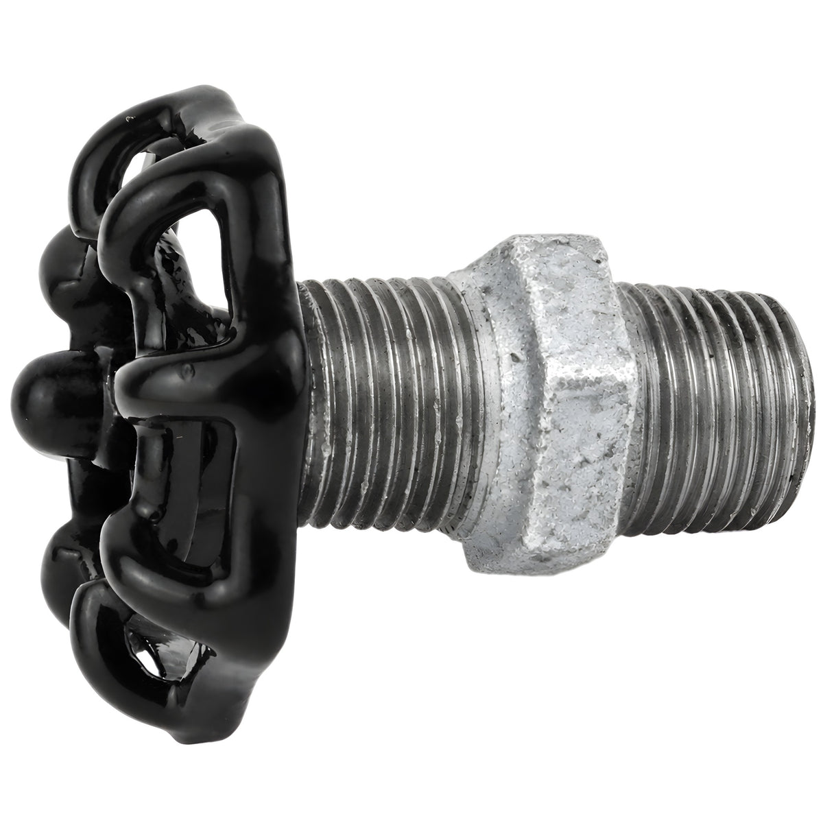 Zwart handwiel 52 mm op nippel, 1/2'' met zwarte moer, fitting van gegalvaniseerd gietijzer