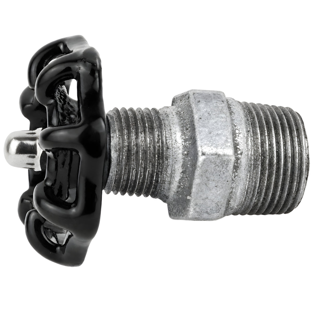 Zwart handwiel 52 mm op nippel, roestvrijstalen moer, fitting van gegalvaniseerd gietijzer