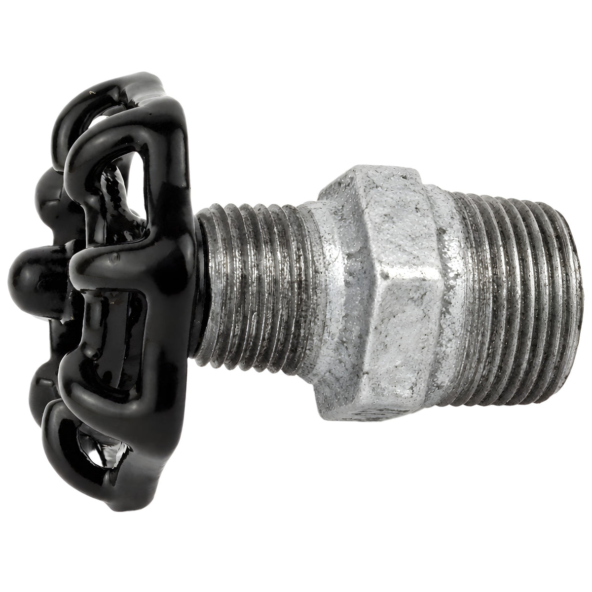 Zwart handwiel 52 mm op nippel, zwarte moer, fitting van gegalvaniseerd gietijzer