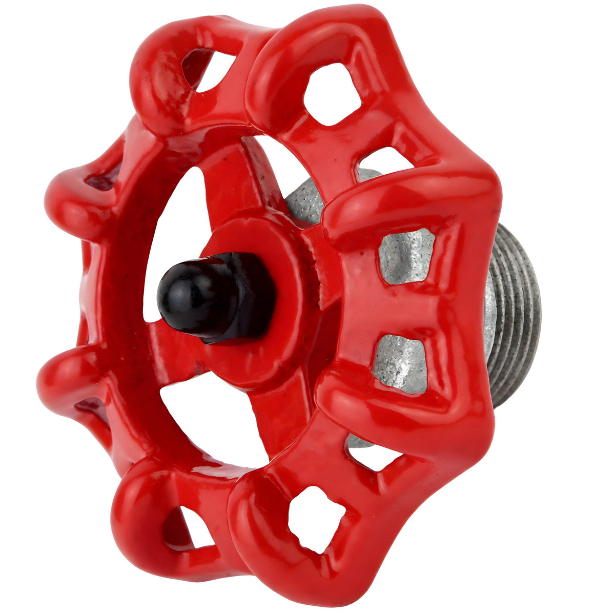 Rood handwiel 72 mm op halve nippel, 1/2'' met zwarte moer, fitting van gegalvaniseerd gietijzer