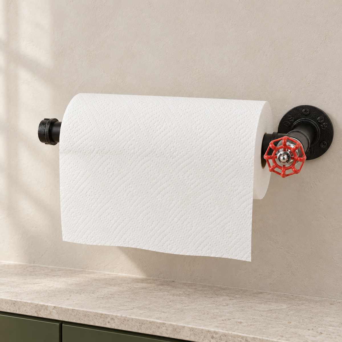 Zwarte keukenrolhouder met rood handwiel — aan de muur met een keukenrol