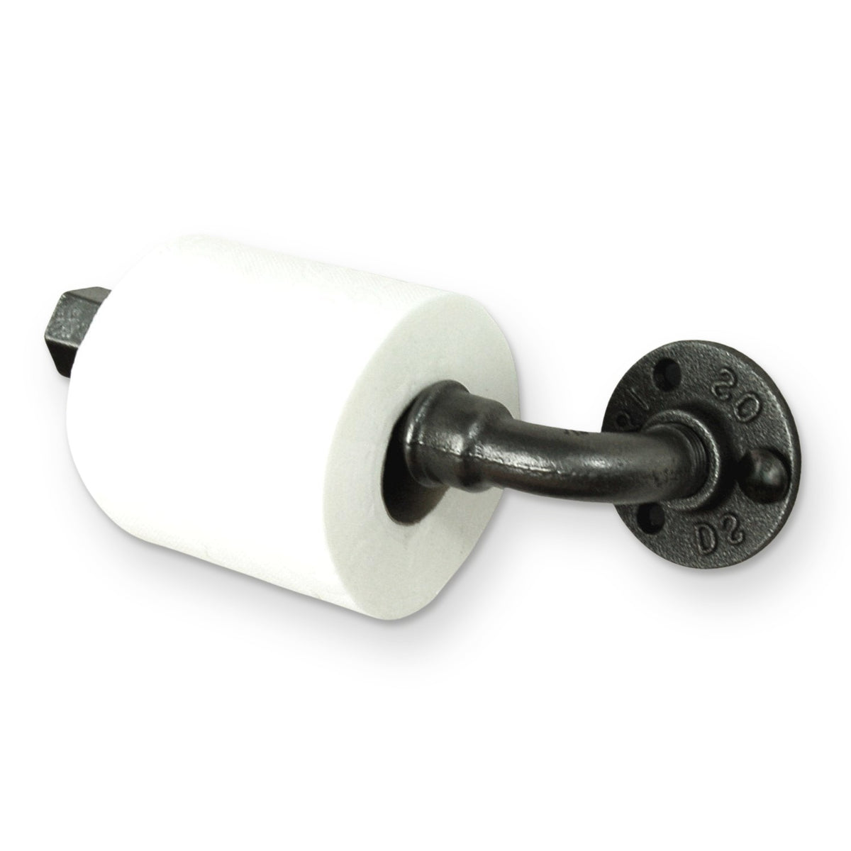 Toiletrolhouder van fittingen, driekwartaanzicht van rechts, met rol