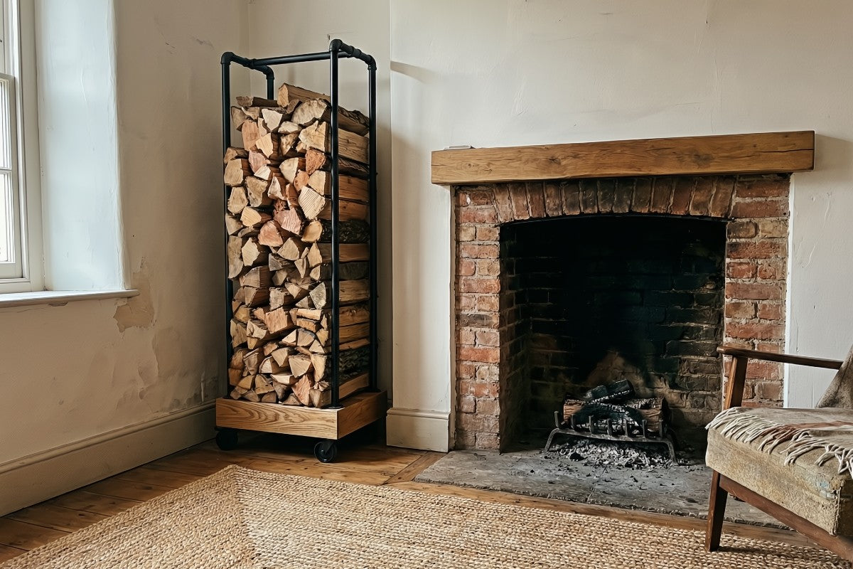 Porte-bûches en tuyaux de plomberie noirs rempli de bûches à côté d'une cheminée en briques