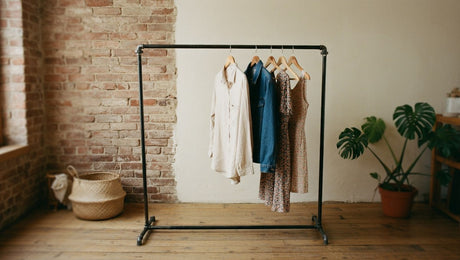 Portant à vêtements industriel en tuyaux d'acier noir dans un loft en briques