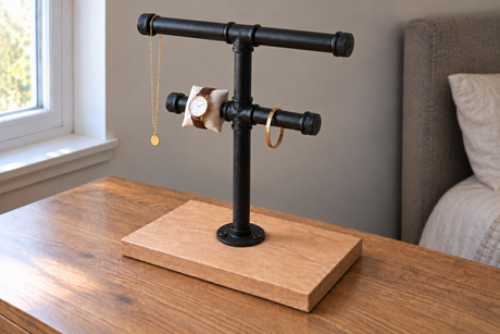 Illustratie van een sieraden- en horlogehouder met twee niveaus van zwart geverfde fittingen op een houten voet