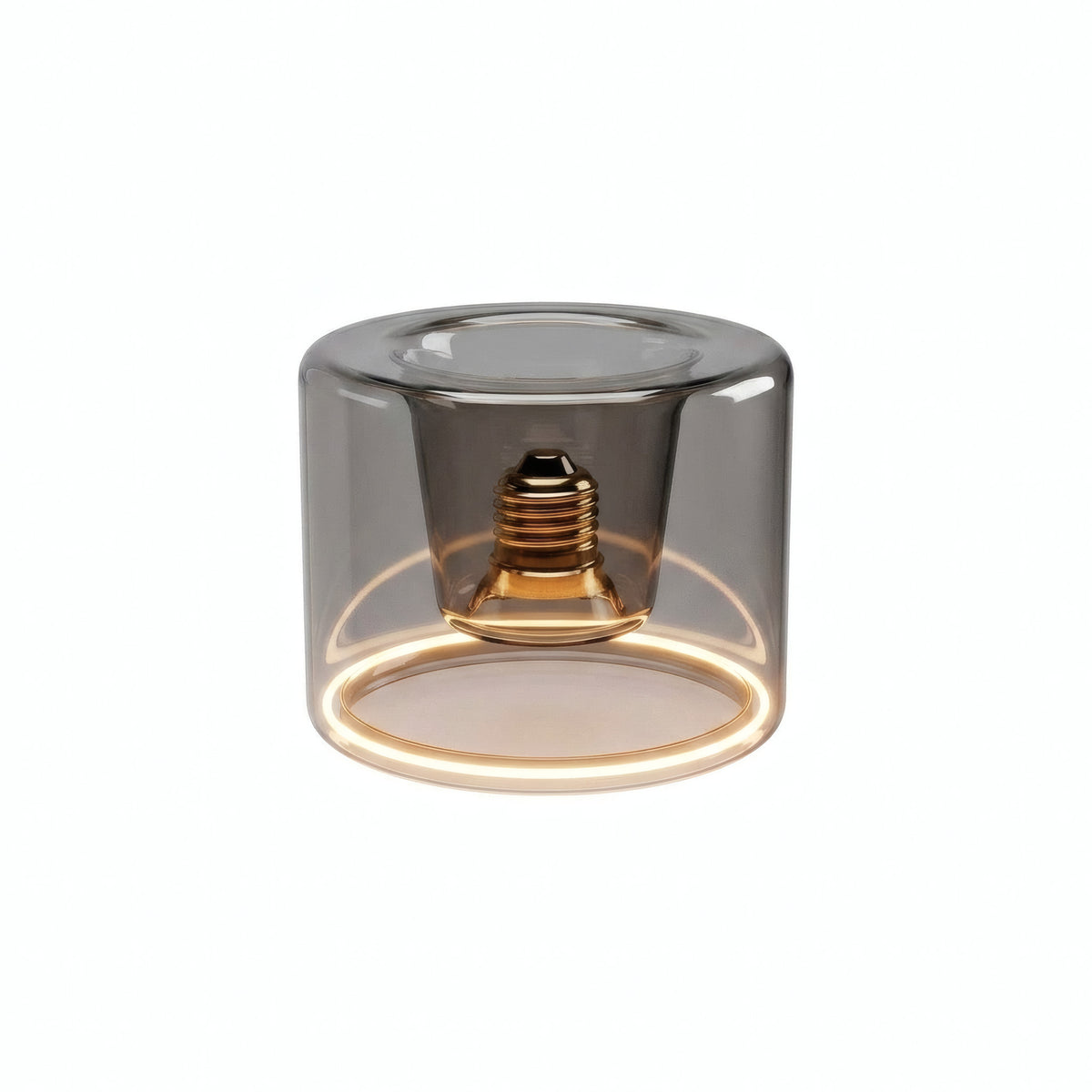 E27 led-donutlamp van rookglas, Ø 120 mm, ingeschakeld, warme lichtring, witte achtergrond