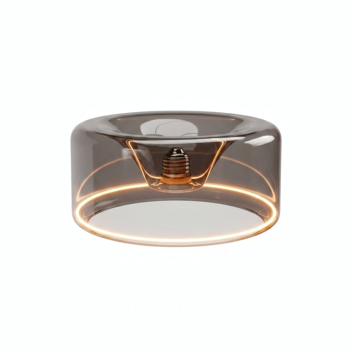 E27 led-donutlamp van rookglas, Ø 195 mm, ingeschakeld, warme lichtring, witte achtergrond