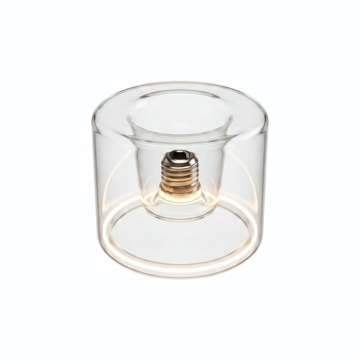 E27 led-donutlamp van helder glas, Ø 120 mm, ingeschakeld, warme lichtring, witte achtergrond