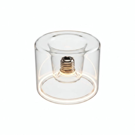 E27 led-donutlamp van helder glas, Ø 120 mm, ingeschakeld, warme lichtring, witte achtergrond
