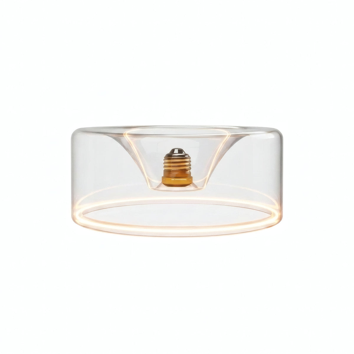 E27 led-donutlamp van helder glas, Ø 195 mm, ingeschakeld, warme lichtring, witte achtergrond