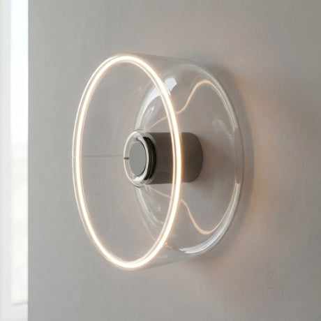 E27 led-donutlamp van helder glas, Ø 195 mm, als wandlamp met een warme lichtkrans