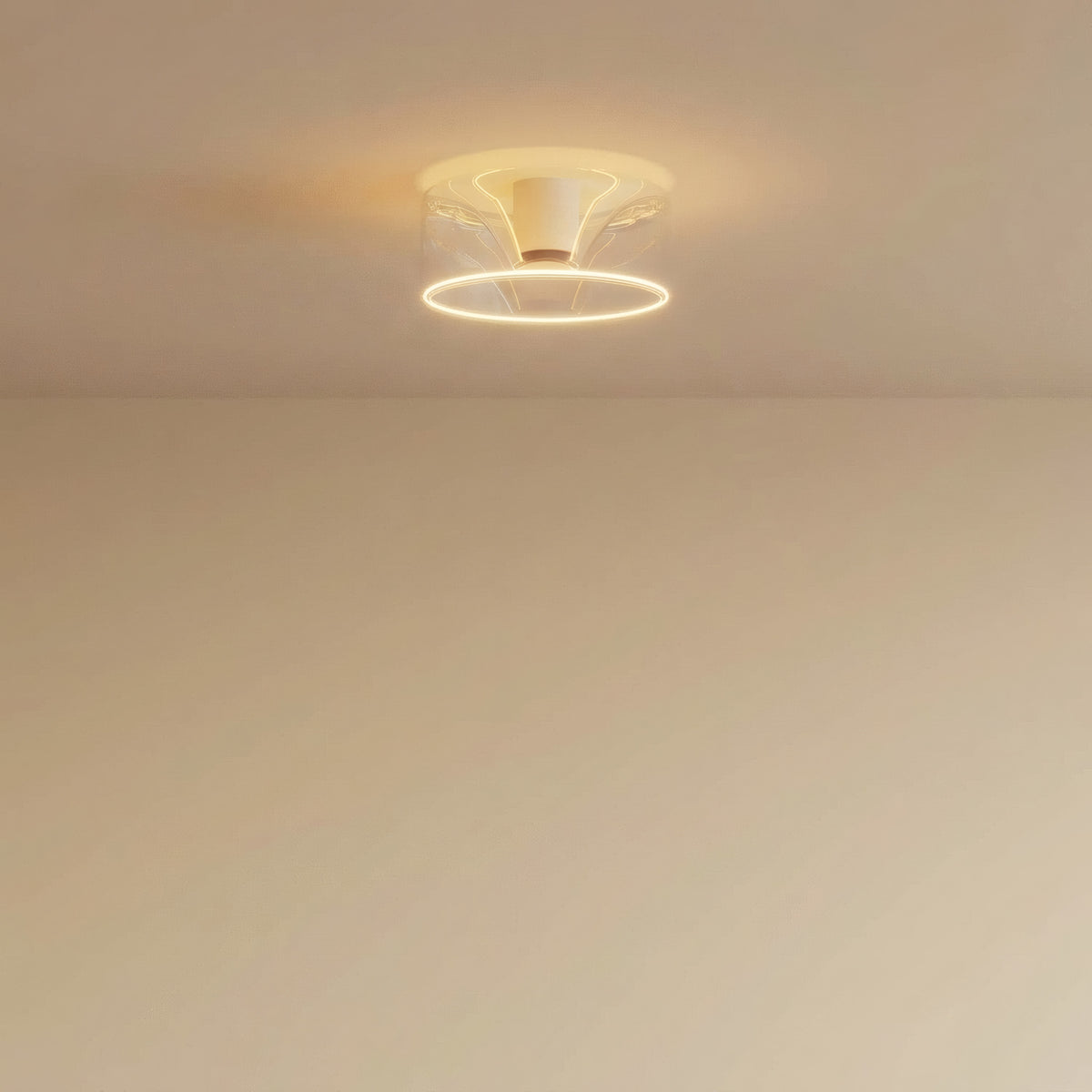 E27 led-donutlamp van helder glas, Ø 195 mm, brandend aan het plafond van een sober interieur