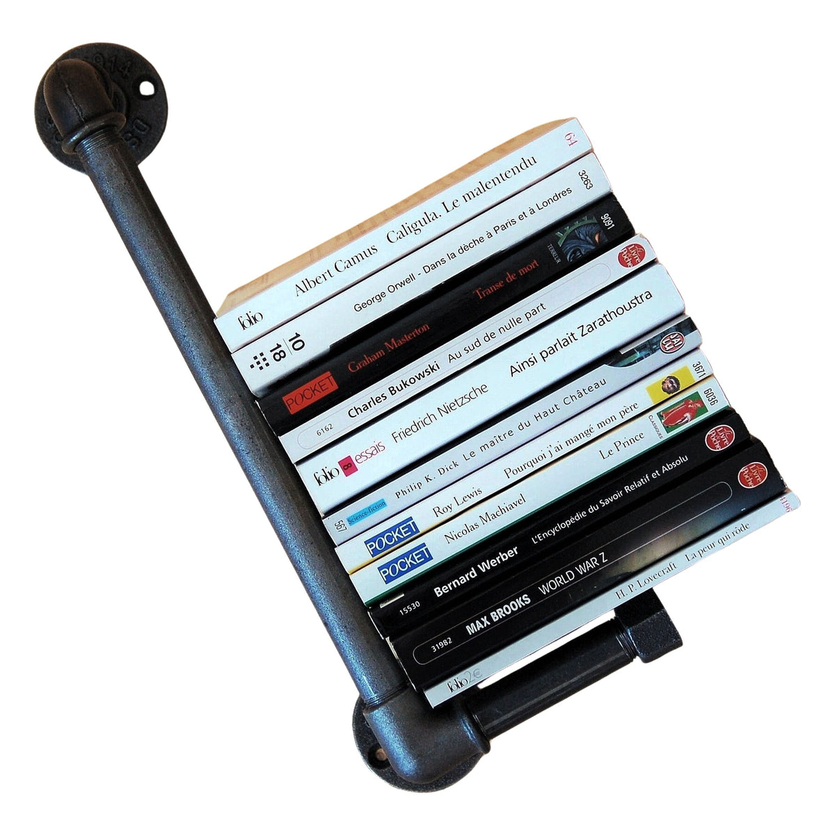 Gietijzeren plank voor pocketboeken, schuin gemonteerd, boeken tegengehouden door de steunstang