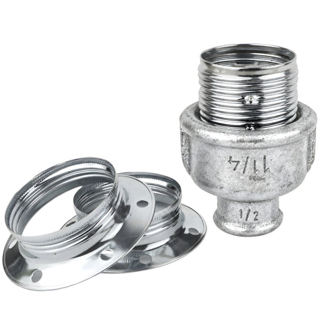 E27-lamphouderset van glanzend zilverkleurig metaal op fitting 1/2'' (15x21mm) met binnendraad van gegalvaniseerd gietijzer