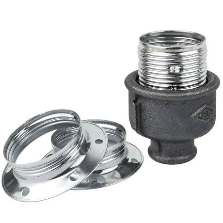 E27-lamphouderset van glanzend zilverkleurig metaal op fitting 1/2'' (15x21mm) met binnendraad van voordelig zwart gietijzer
