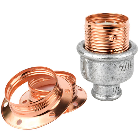 E27-lamphouderset van glanzend koperkleurig metaal op fitting 1/2'' (15x21mm) met binnendraad van gegalvaniseerd gietijzer